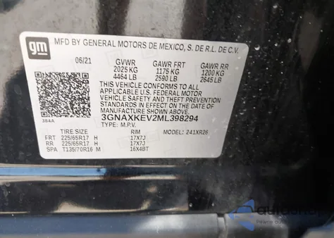 2021 Chevrolet Equinox Fwd Lt z USA, uszkodzony, nr VIN 3GNAXKEV2ML398294